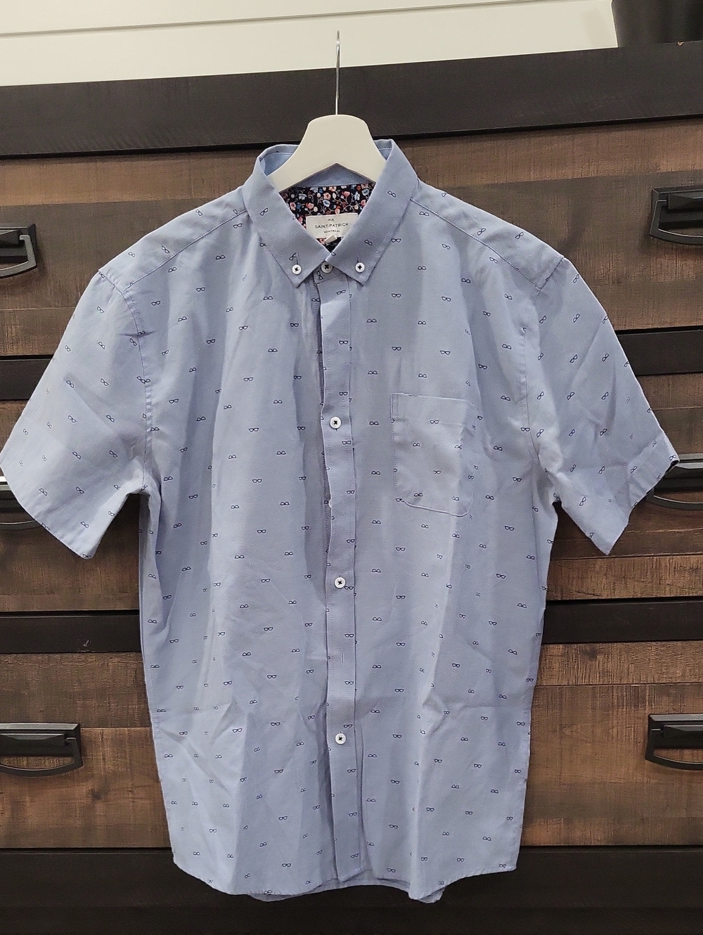 Men's Light Blue Short Sleeve Button-Down Shirt with Micro Sunglasses Print